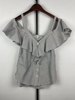Veronica Beard Gray White Stripe Grant Cold-Shoulder Ruffle Cotton Blouse S 4
